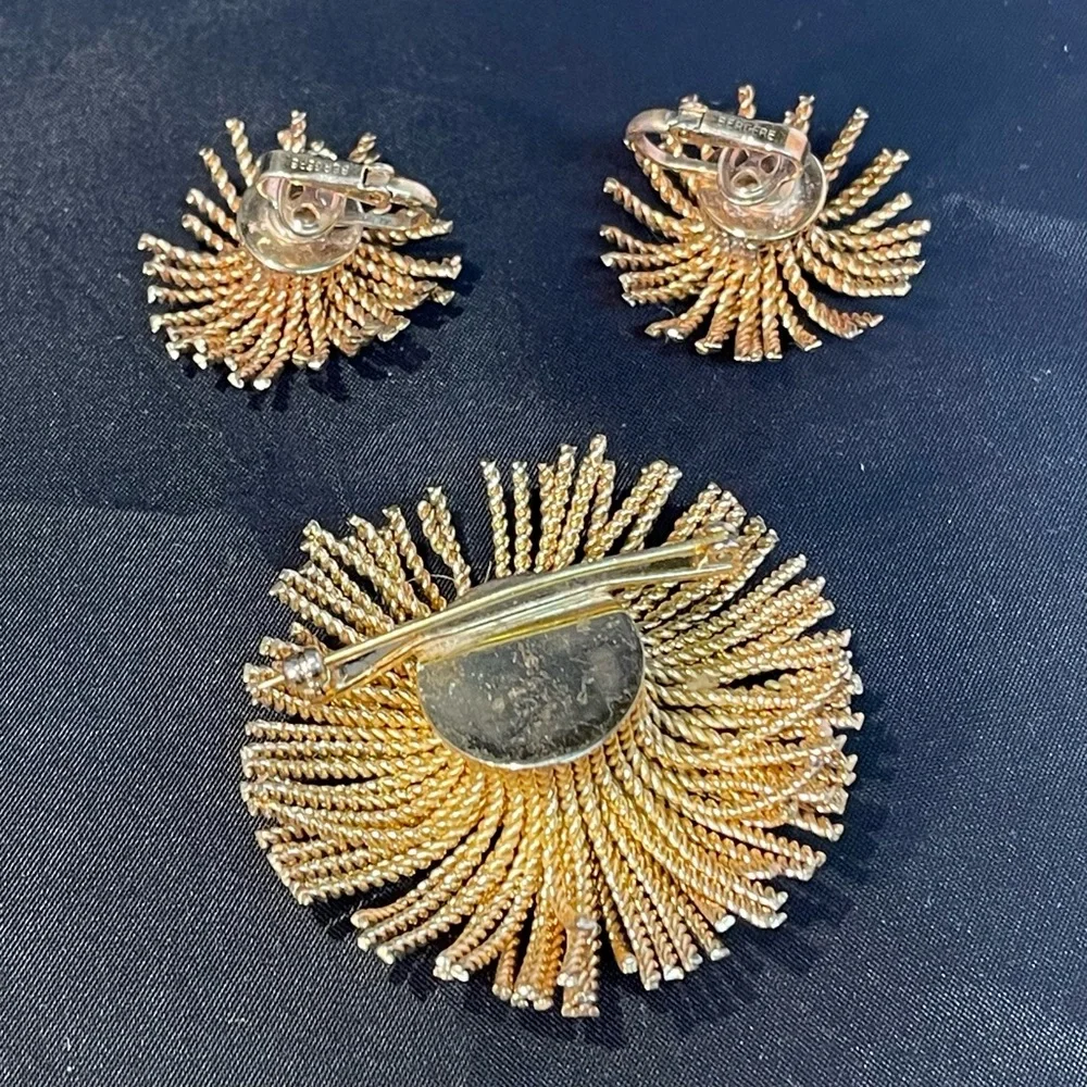 Vintage 60s Bergère MCM Tassel Sun Star Burst Brooch Clip Earrings Parure Set